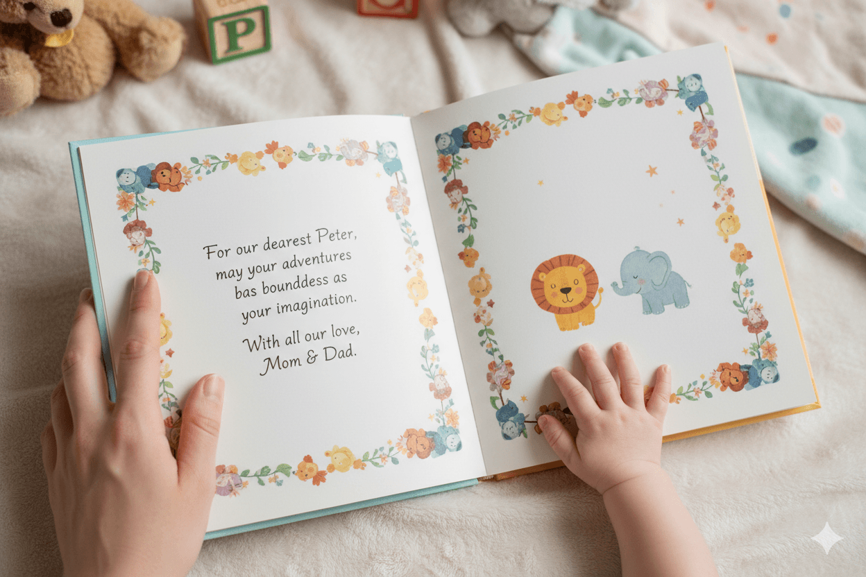 Een ouder en kind lezen een gepersonaliseerd verhalenboek