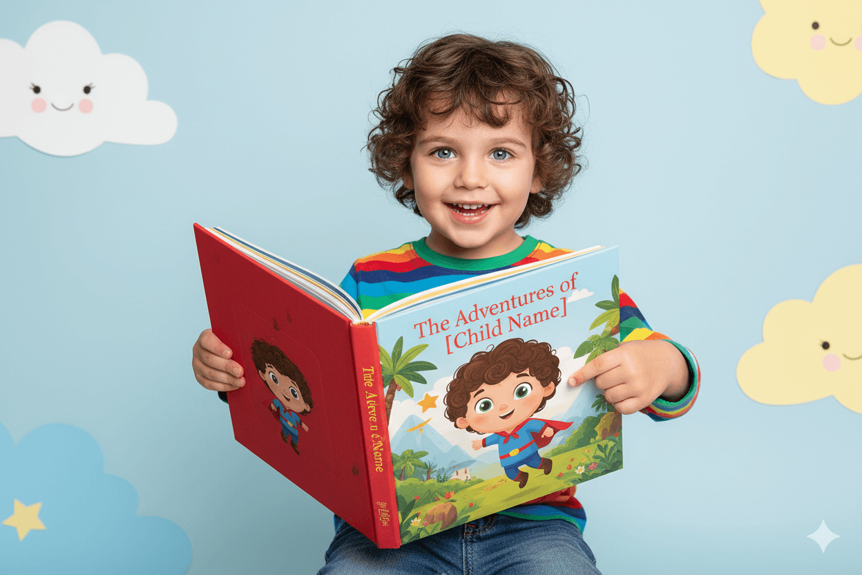 Een kind leest een gepersonaliseerd verhalenboek